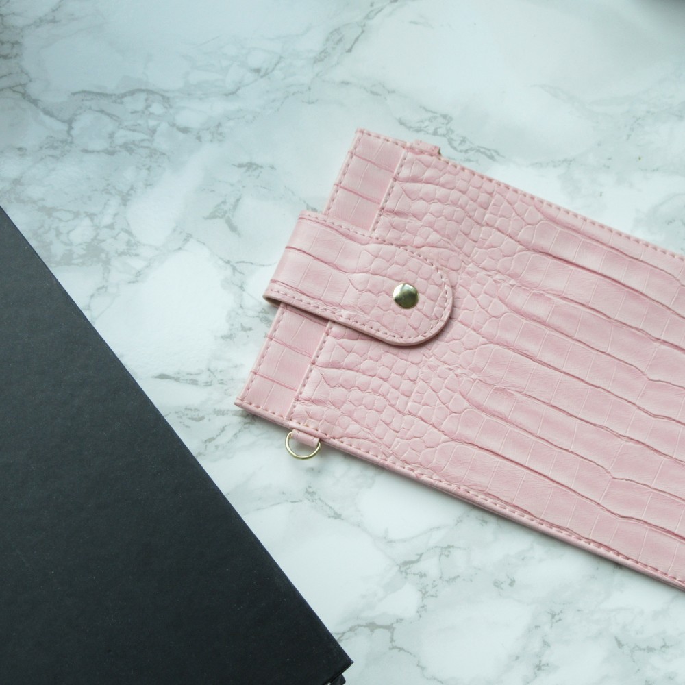 Portefeuille elégante universel pour smartphone luxueux en look cuir de crocodile avec lanière de cou - Rose