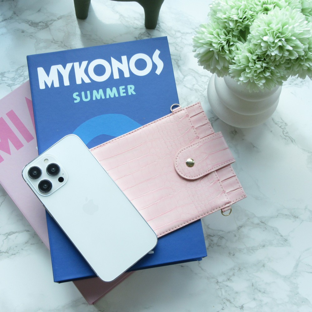 Portefeuille elégante universel pour smartphone luxueux en look cuir de crocodile avec lanière de cou - Rose