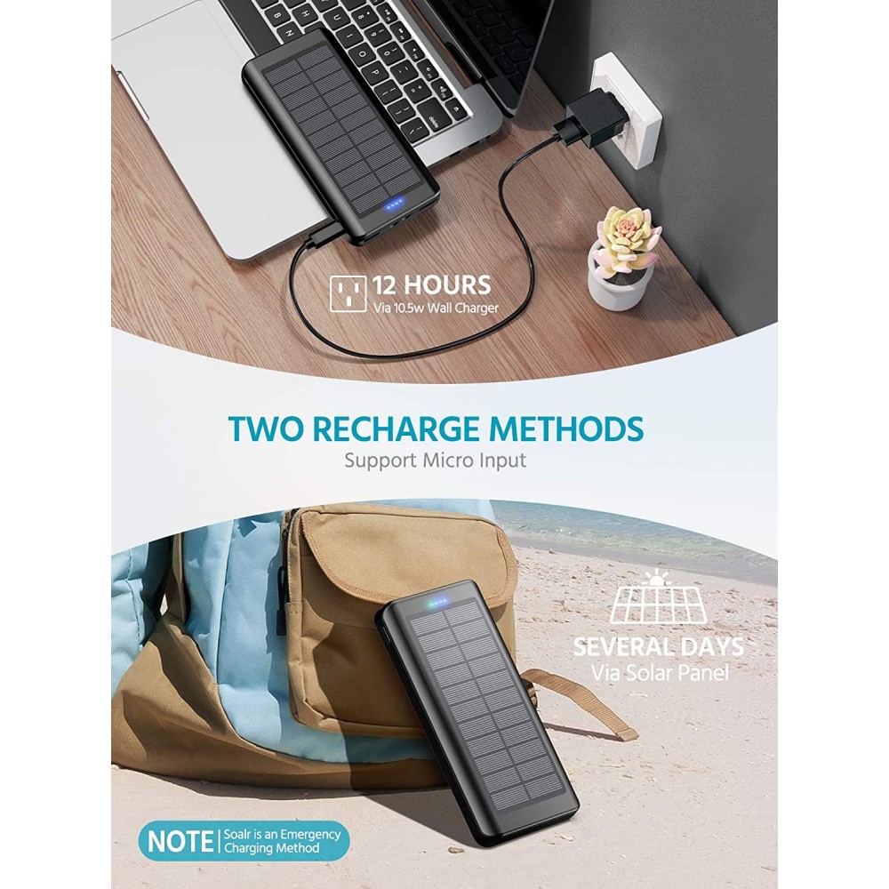 Solar Power Bank Outdoor 30000mAh Dual USB LED Hochkapazität - Schwarz