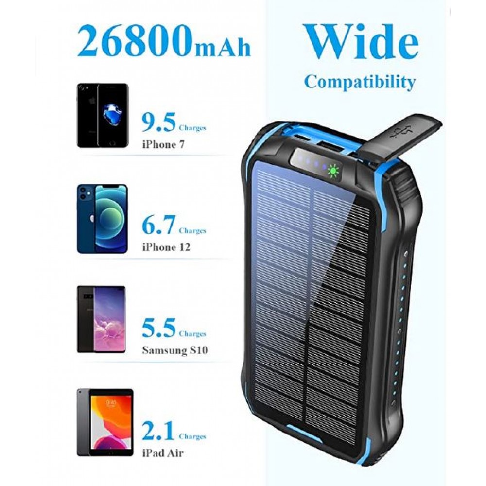 Solar Power Bank i26s 26800mAh portable Fast Charging LED IP66 Ultra Capacity - Blau