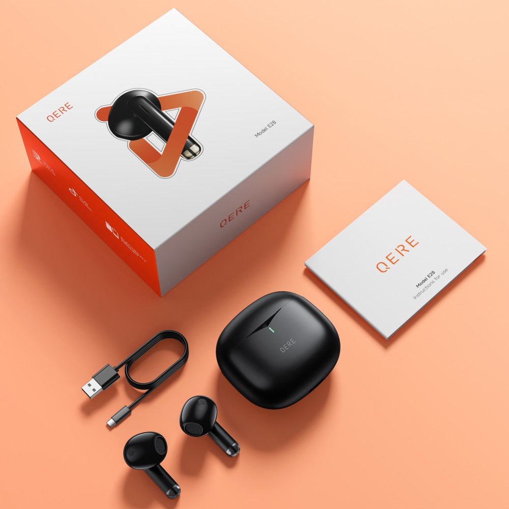 QERE E28 Kabellose Bluetooth 5.3 Kopfhörer In-Ear HIFI mit Nois cancellation, IPX5 & Touch Control - Schwarz