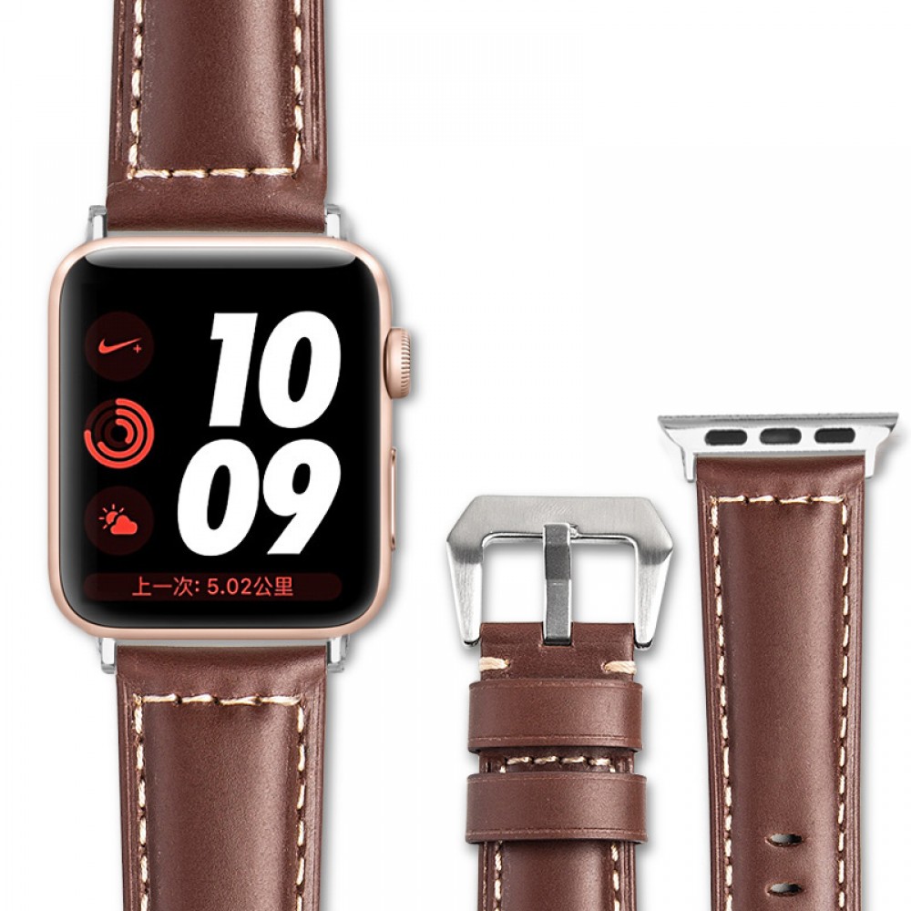 Qialino Bracelet cuir véritable brun - Apple Watch 42mm / 44mm / 45mm