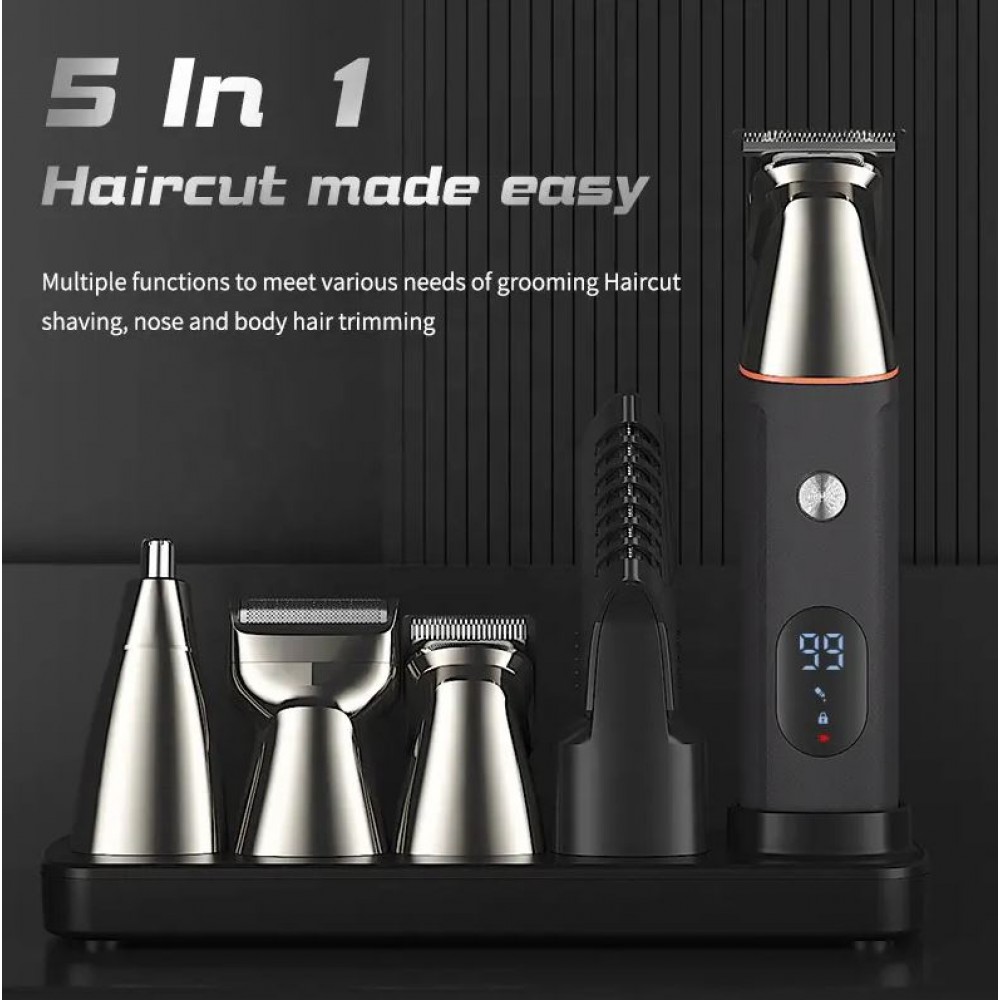 Rasoir électronique 5 en 1 magnétique pour cheveux, trimming et body, support inclus - Noir