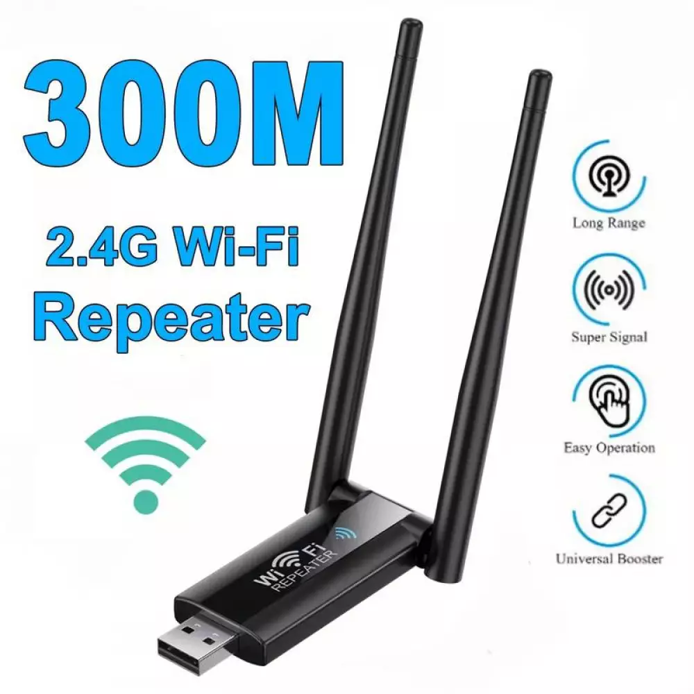 USB Wi-Fi Wireless 2.4G 300Mbps Repeater mit Signalverstärker (300m) Booster - Schwarz