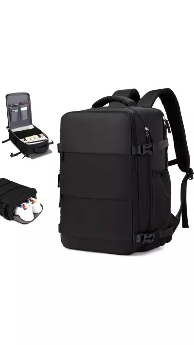 Sac à dos de voyage pour avion avec compartiment ordinateur portable et chaussures et port USB - Noir