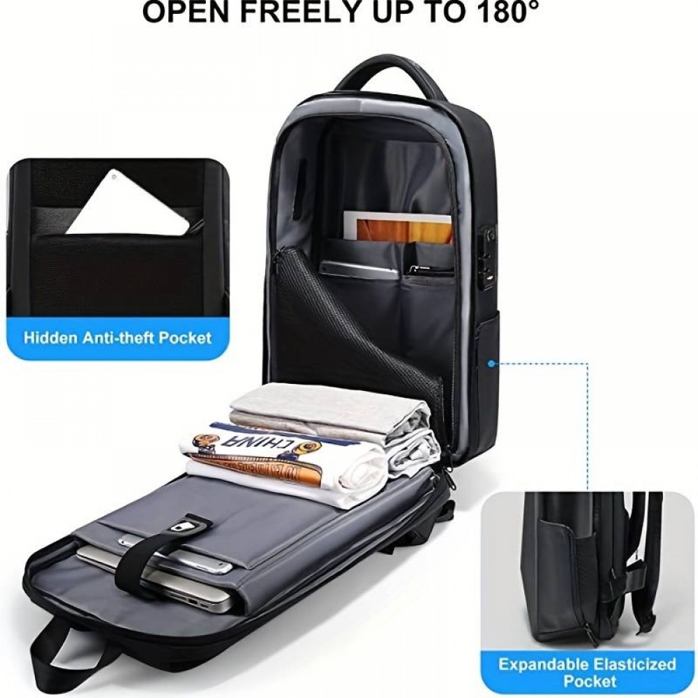 Sportlicher Reise Rucksack erweiterbares Packvolumen 20 - 35 Liter mit Zahlenschloss und USB-Adapter - Schwarz