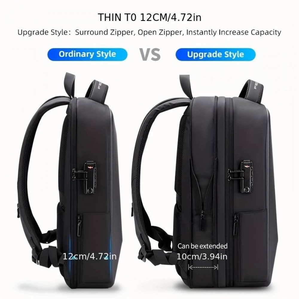 Sportlicher Reise Rucksack erweiterbares Packvolumen 20 - 35 Liter mit Zahlenschloss und USB-Adapter - Schwarz