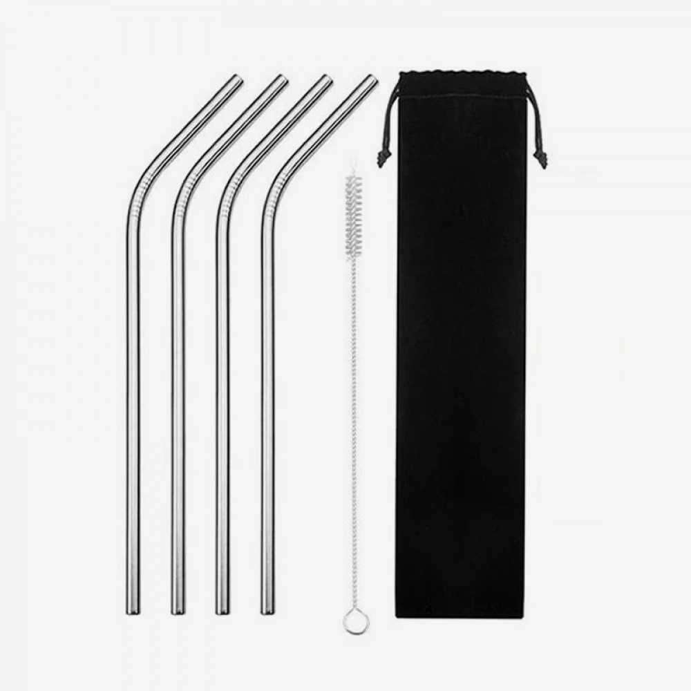 Set de pailles en acier inoxydable avec sac et brosse de nettoyage - 4 pièces, - Argent
