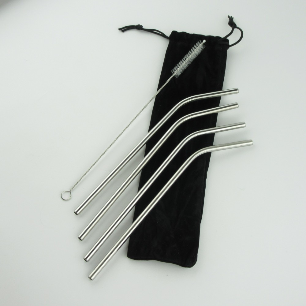 Set de pailles en acier inoxydable avec sac et brosse de nettoyage - 4 pièces, - Argent