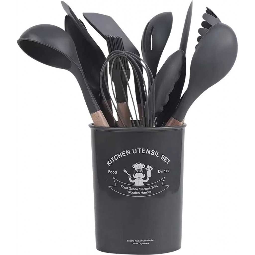 Set 35 Pièces Ustensiles Cuisine En Silicone Noir - Anti-adhésif, Anti-rayure, Avec Support, Marque Charlemain