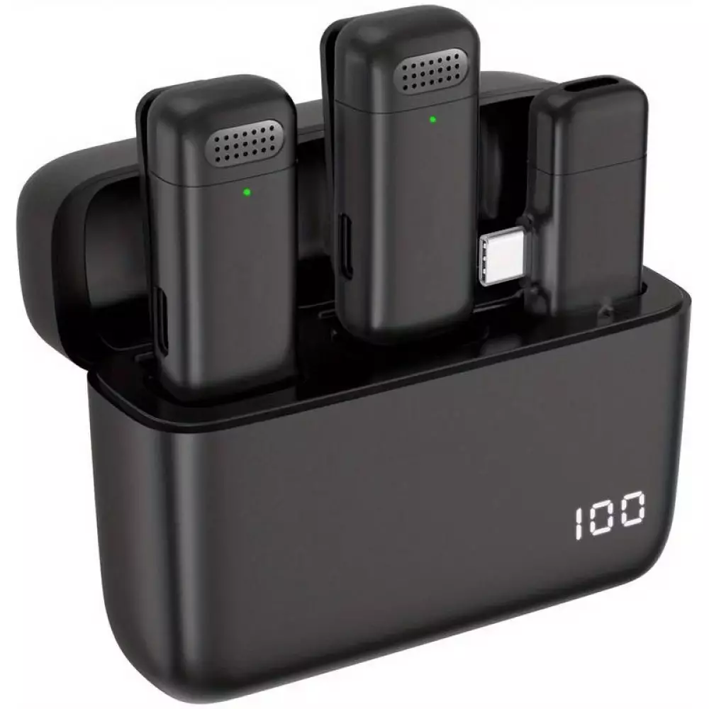 Set de 2 micros cravate Lavalier sans fil professionnels Bluetooth 5.3 avec récepteur USB-C & Etui de charge - Noir