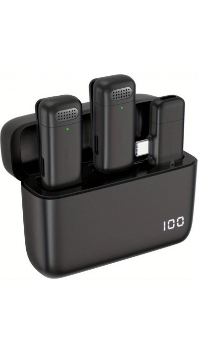Set de 2 micros cravate Lavalier sans fil professionnels Bluetooth 5.3 avec récepteur USB-C & Etui de charge - Noir
