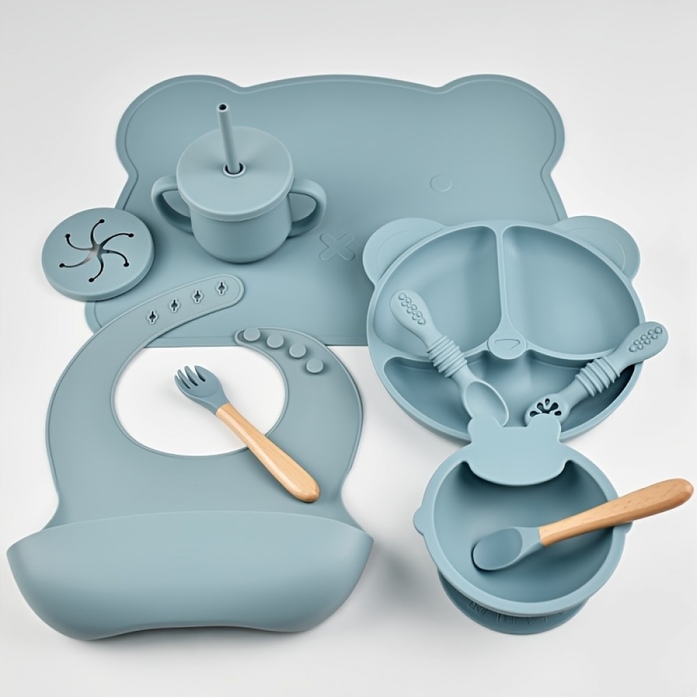 Set de repas en silicone pour bébé 10 pièces (assiette/bol/bavoir/tasse/cuillère/fourchette) - Bleu