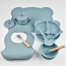 Set de repas en silicone pour bébé 10 pièces (assiette/bol/bavoir/tasse/cuillère/fourchette) - Bleu