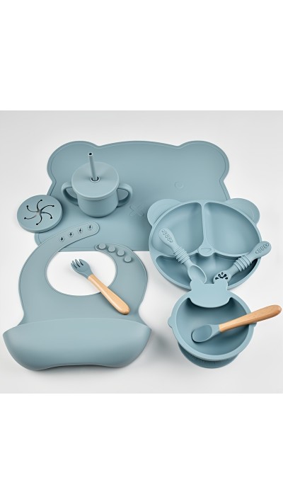Set de repas en silicone pour bébé 10 pièces (assiette/bol/bavoir/tasse/cuillère/fourchette) - Bleu