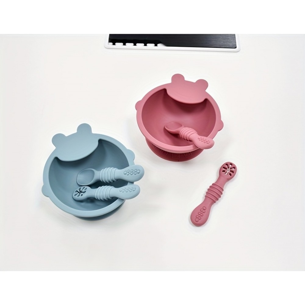 Set de repas en silicone pour bébé 10 pièces (assiette/bol/bavoir/tasse/cuillère/fourchette) - Bleu