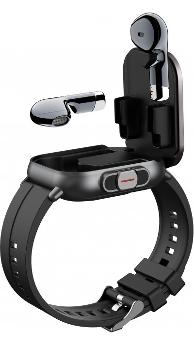 Smartwatch 2 en 1 avec écouteurs sans fil TWS Bluetooth intégrés - Bracelet silicone noir