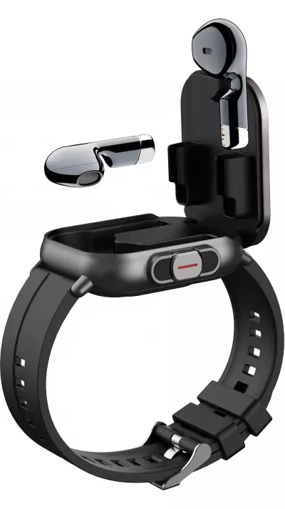 Smartwatch 2 en 1 avec &eacute;couteurs sans fil TWS Bluetooth int&eacute;gr&eacute;s - Bracelet silicone noir