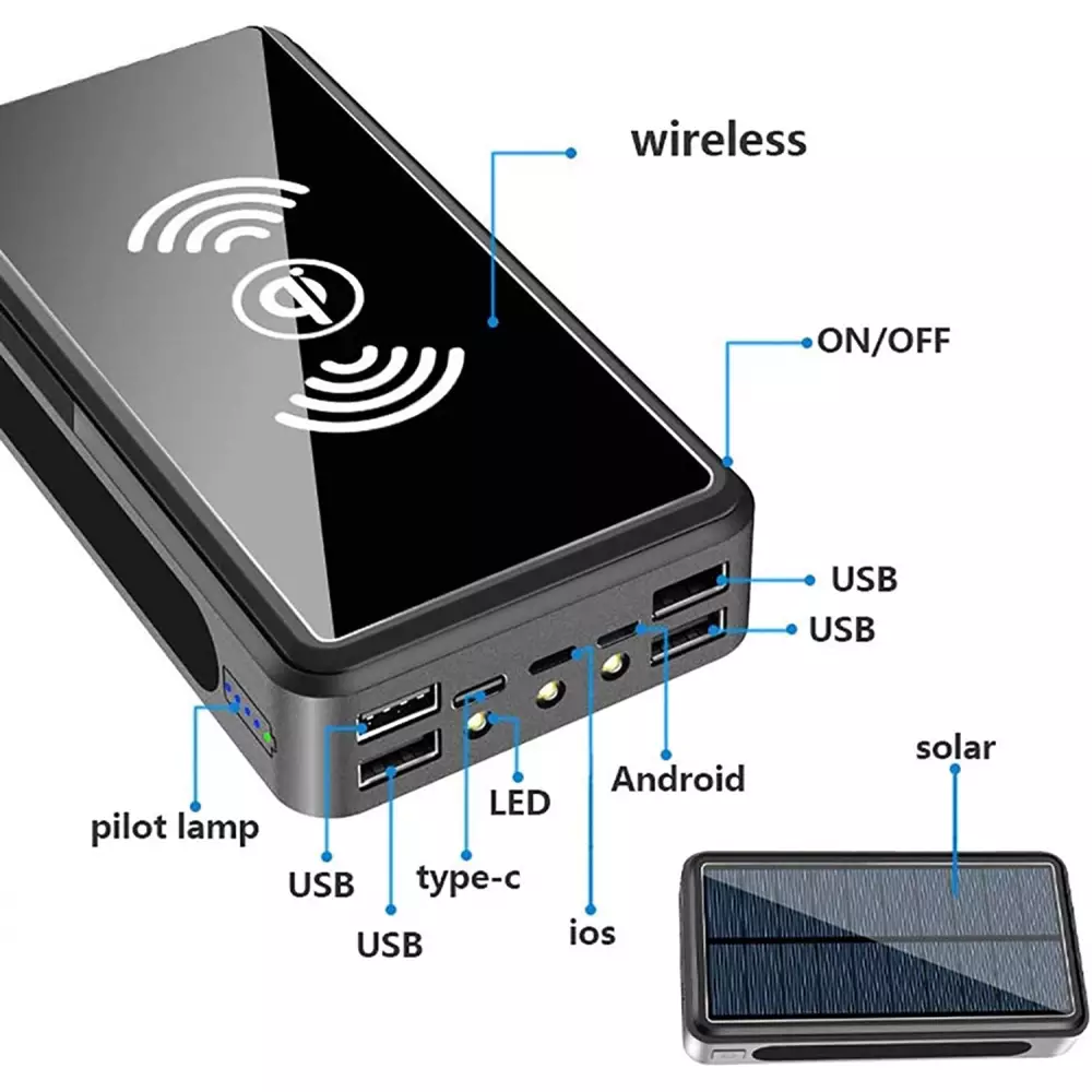 Power Bank solaire Qi ultra capacité 80000 mAh batterie externe sans fil - Noir