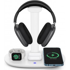 4 in 1 moderne 30W Ladestation wireless mit Kopfhörerhalterung  für AirPods Max, Apple iPhone, Apple Watch, AirPods - Weiss