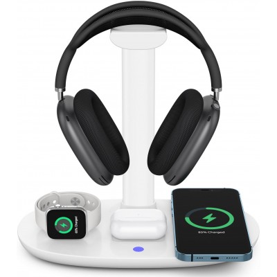 Station de charge 4 en 1 moderne 30W sans fil avec support casque pour AirPods Max, iPhone, Apple Watch, AirPods - Blanc