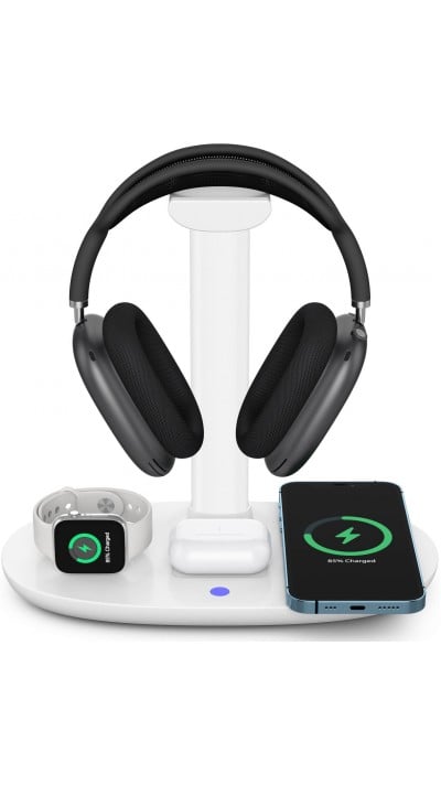 Station de charge 4 en 1 moderne 30W sans fil avec support casque pour AirPods Max, iPhone, Apple Watch, AirPods - Blanc