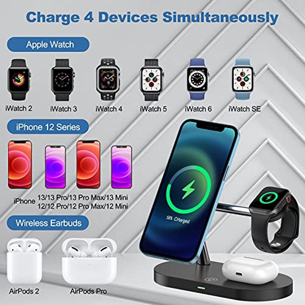 5 in 1 Magnetische Wireless Ladestation für iPhone - Apple Watch, AirPods inkl. LED Lampe - Weiss