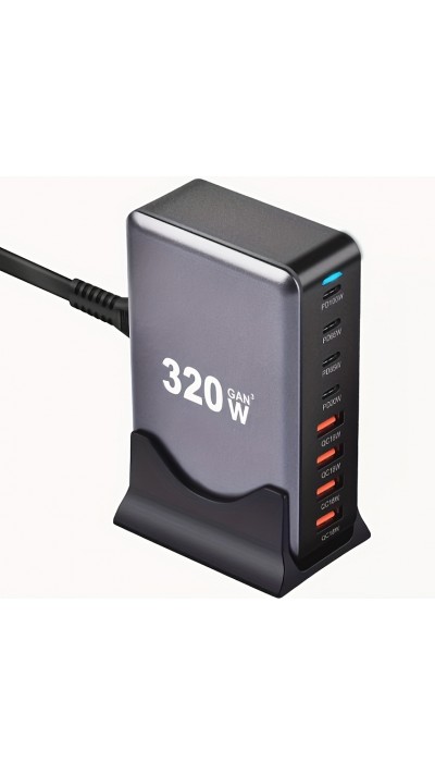 Station de charge rapide 320W Hub GaN III USB-C 8 ports pour ordinateurs/tablettes/téléphone avec prise CH/EU - Gris