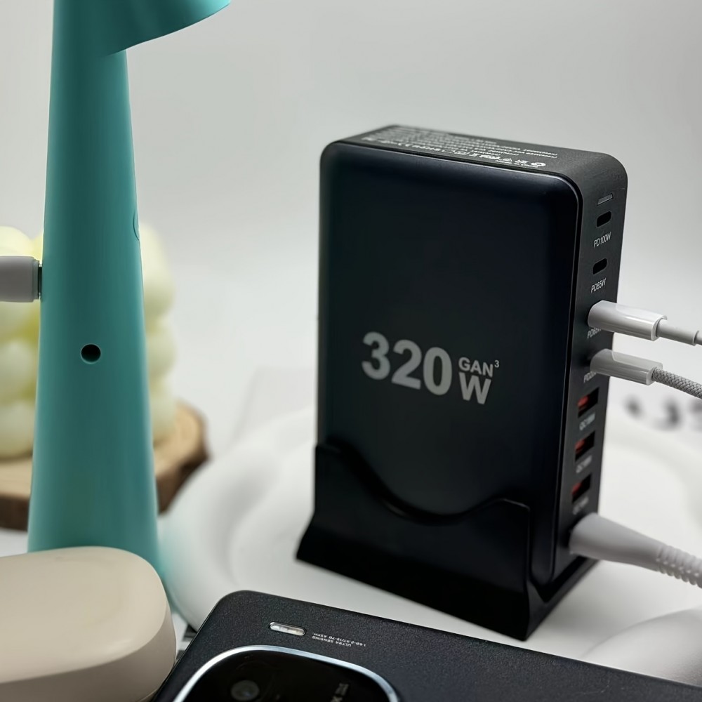 Schnellladegerät 320W Hub GaN III USB-C 8 Ports für PC/Tablet/Smartphone mit CH/EU Stecker - Grau