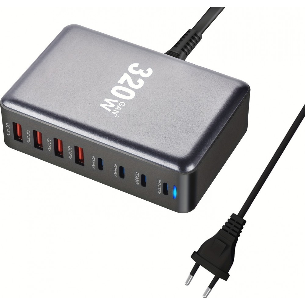 Schnellladegerät 320W Hub GaN III USB-C 8 Ports für PC/Tablet/Smartphone mit CH/EU Stecker - Grau