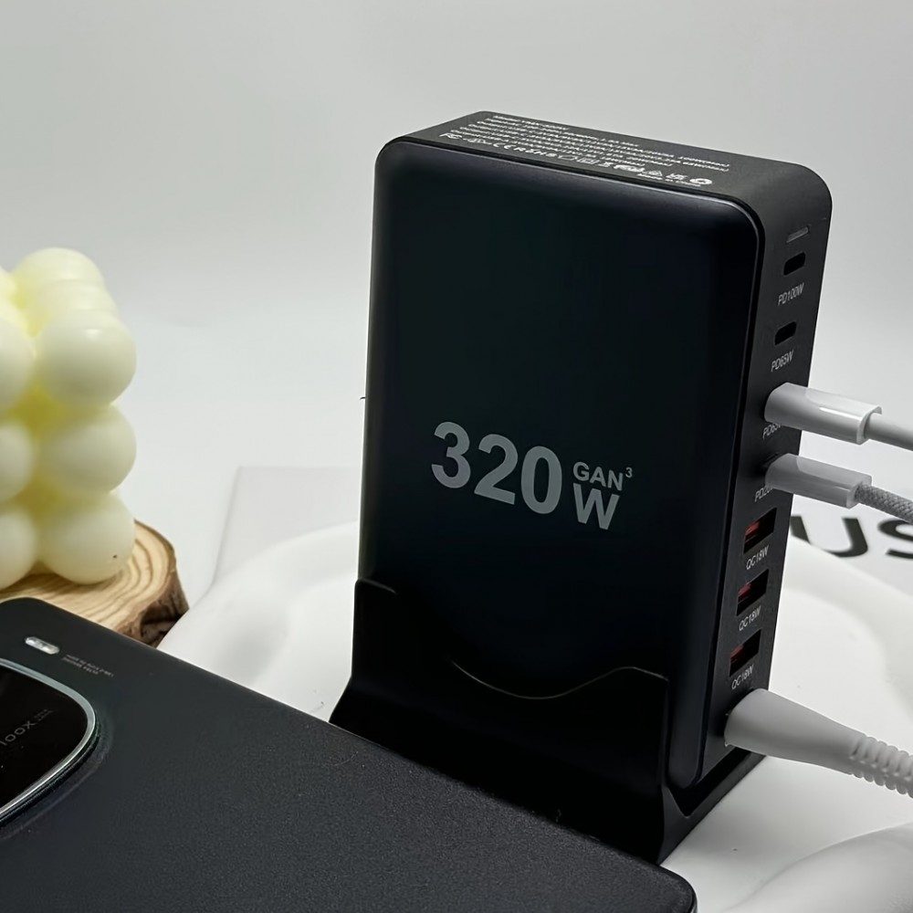 Schnellladegerät 320W Hub GaN III USB-C 8 Ports für PC/Tablet/Smartphone mit CH/EU Stecker - Grau