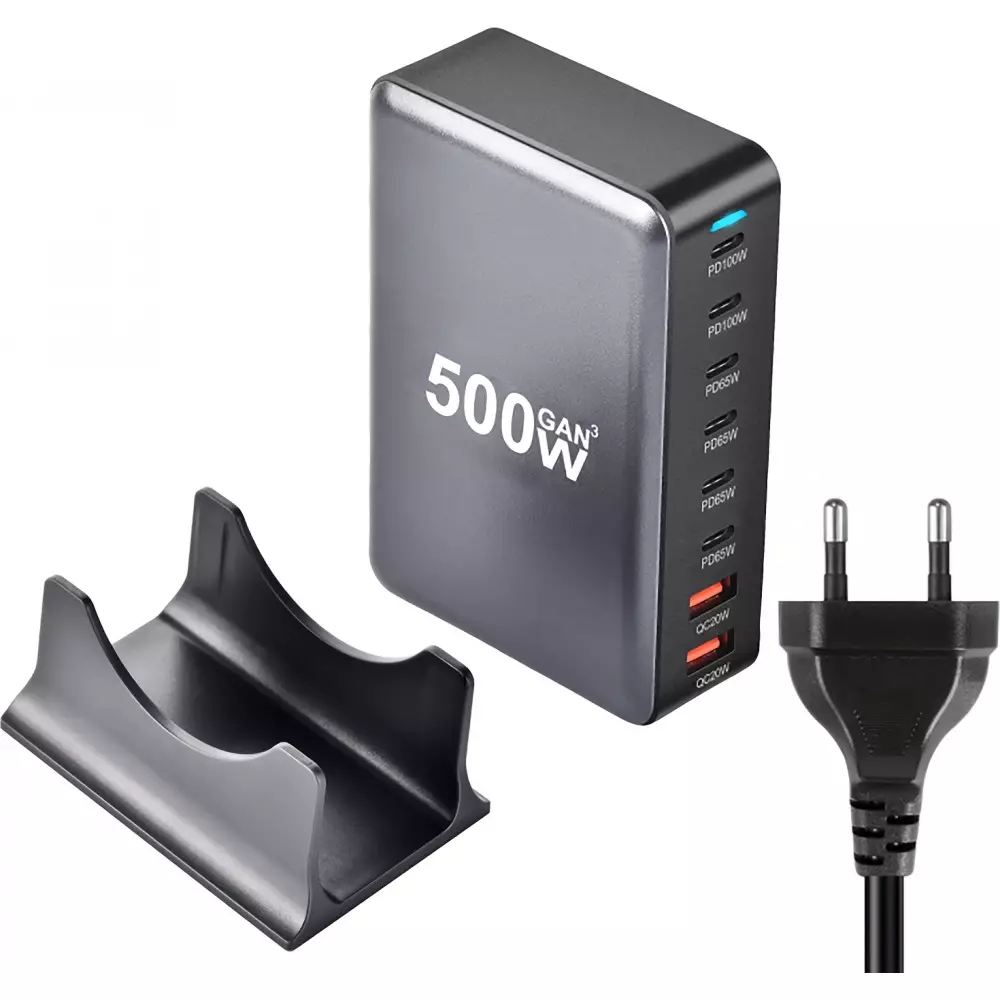 Station de charge rapide 500W 8 ports USB PD Quick Charge 3.0 USB-C avec câble inclus prise CH/EU indicateur LED - Gris