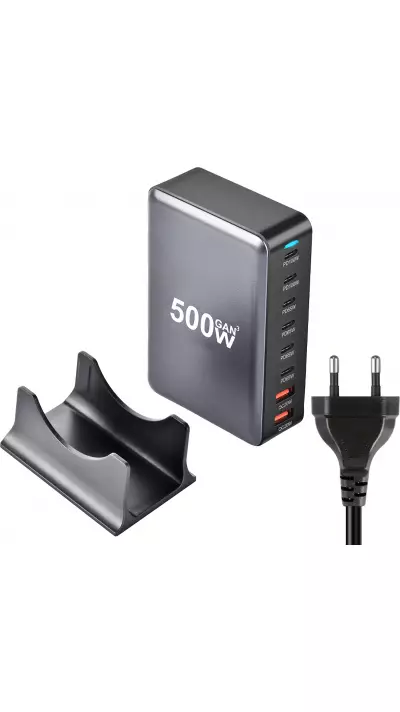 Station de charge rapide 500W 8 ports USB PD Quick Charge 3.0 USB-C avec câble inclus prise CH/EU indicateur LED - Gris