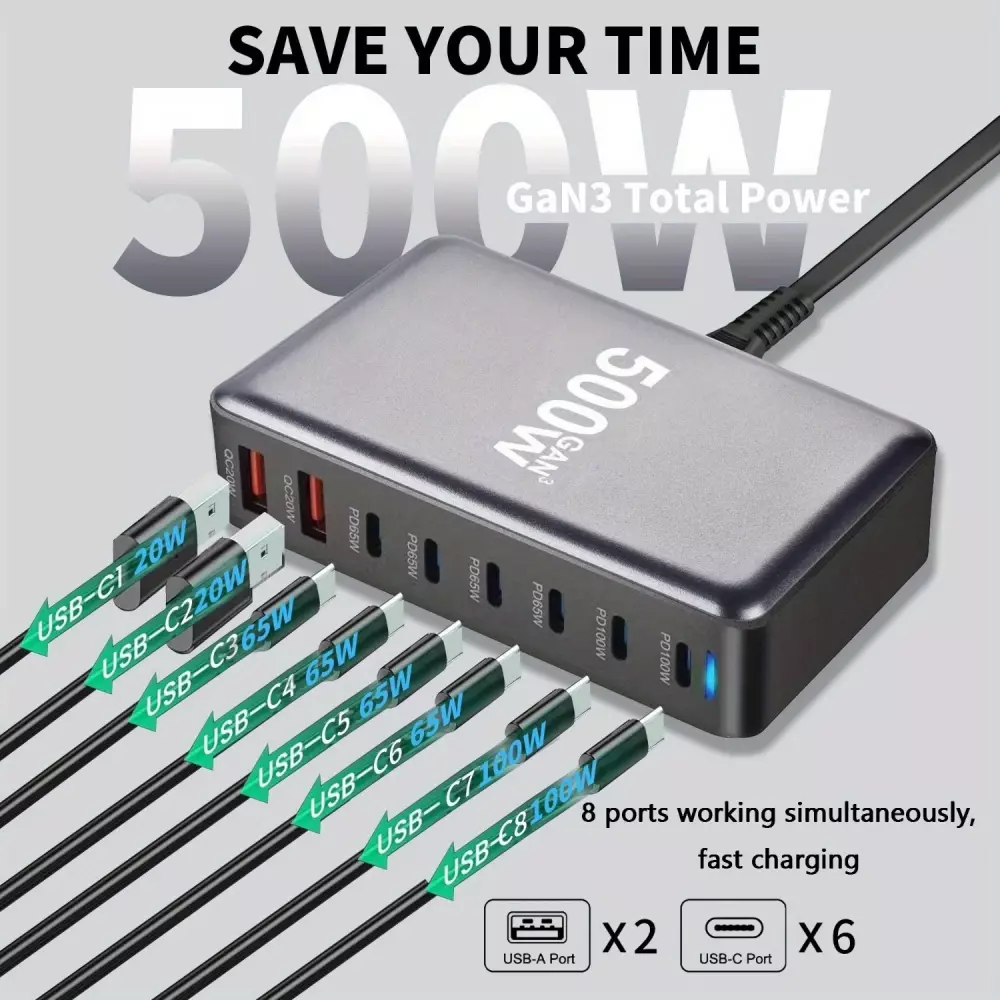 Schnellladegerät 500W 8 Ports USB PD Quick Charge 3.0 USB-C mit Kabel CH/EU Stecker LED-Anzeige - Grau