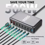 Schnellladegerät 500W 8 Ports USB PD Quick Charge 3.0 USB-C mit Kabel CH/EU Stecker LED-Anzeige - Grau