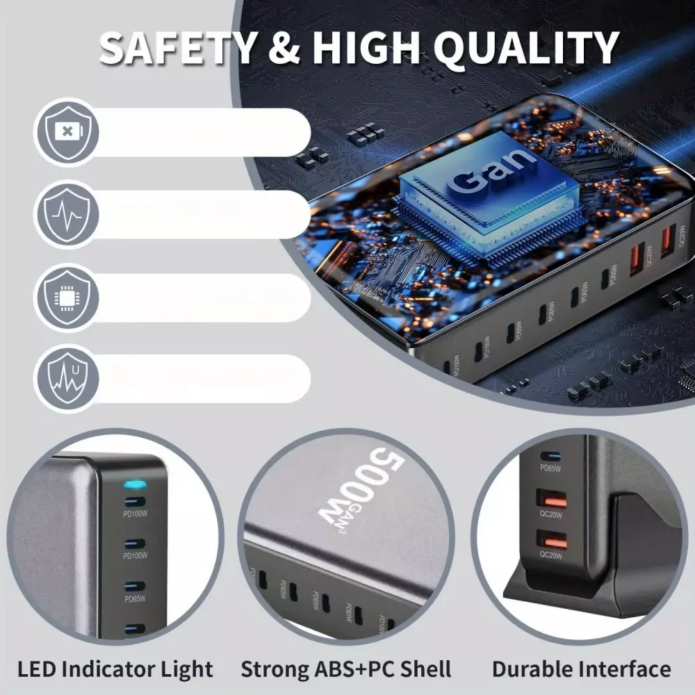 Schnellladegerät 500W 8 Ports USB PD Quick Charge 3.0 USB-C mit Kabel CH/EU Stecker LED-Anzeige - Grau