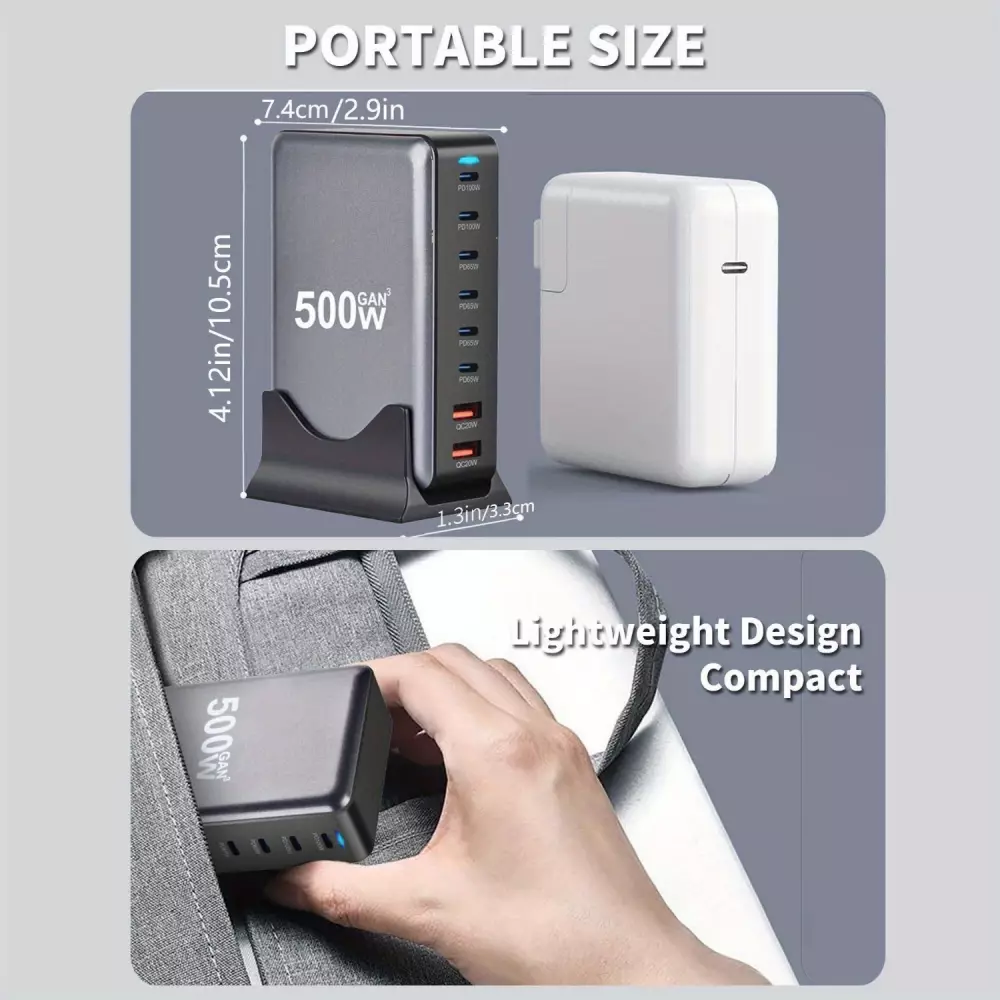 Schnellladegerät 500W 8 Ports USB PD Quick Charge 3.0 USB-C mit Kabel CH/EU Stecker LED-Anzeige - Grau