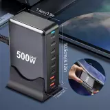 Schnellladegerät 500W 8 Ports USB PD Quick Charge 3.0 USB-C mit Kabel CH/EU Stecker LED-Anzeige - Grau