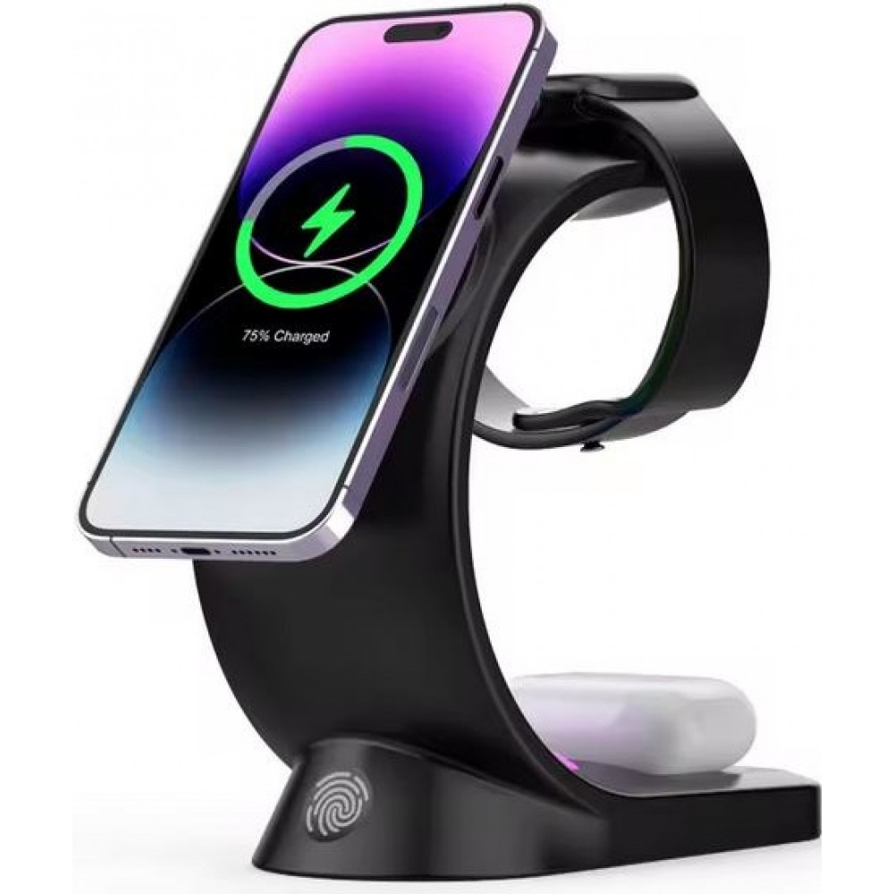 Ladestation wireless MagSafe 15W 3in1 (iPhone, AirPods, Apple Watch) mit RGB LED Licht - Schwarz