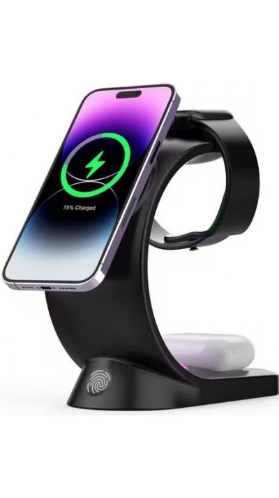 Station de charge sans fil MagSafe 15W 3en1 (iPhone, AirPods, Apple Watch) avec lumière LED RGB - Noir