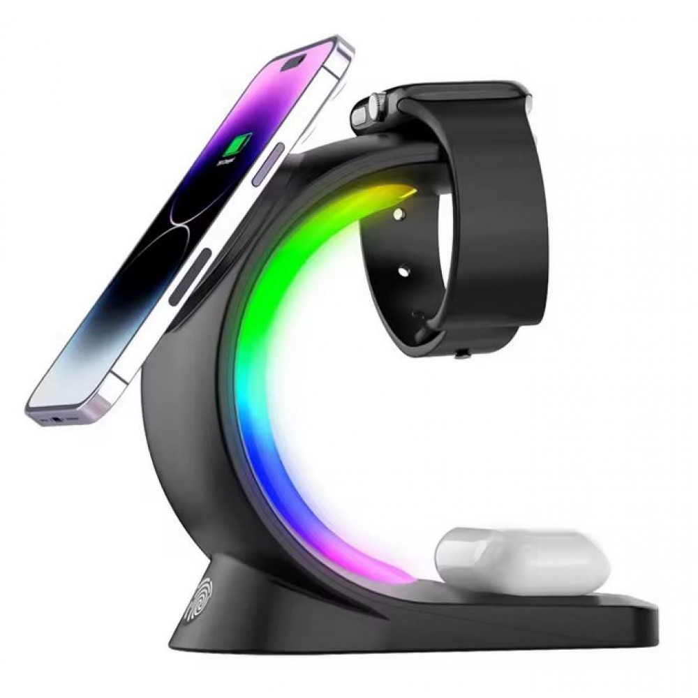 Ladestation wireless MagSafe 15W 3in1 (iPhone, AirPods, Apple Watch) mit RGB LED Licht - Schwarz