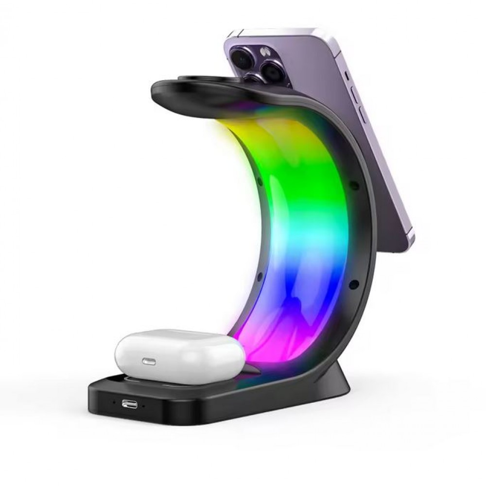 Ladestation wireless MagSafe 15W 3in1 (iPhone, AirPods, Apple Watch) mit RGB LED Licht - Schwarz