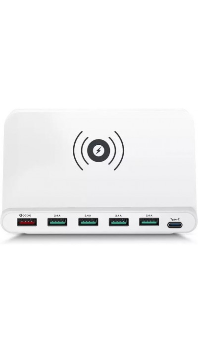 Station de recharge 65W avec 6 ports + fonction Wireless Charging Qi - Blanc