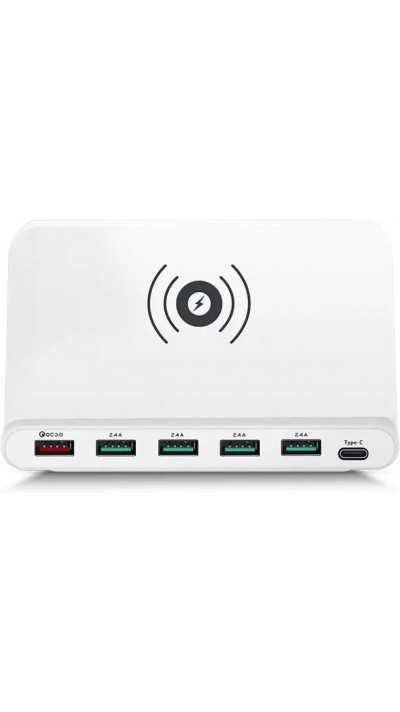 Ladestation 65W mit 6 Anschlüssen + Wireless Charging Qi Funktion - Weiss