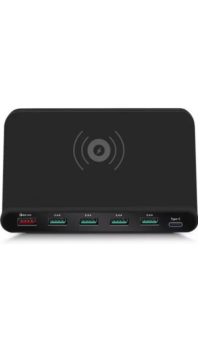 Station de recharge 65W avec 6 ports + fonction Wireless Charging Qi - Noir