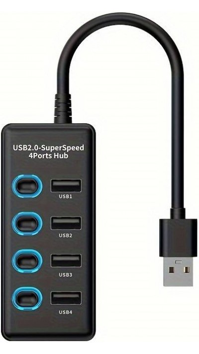 Station multi-ports 4 en 1 USB 2.0 hub avec switch on & off individuel et port USB-C - Noir