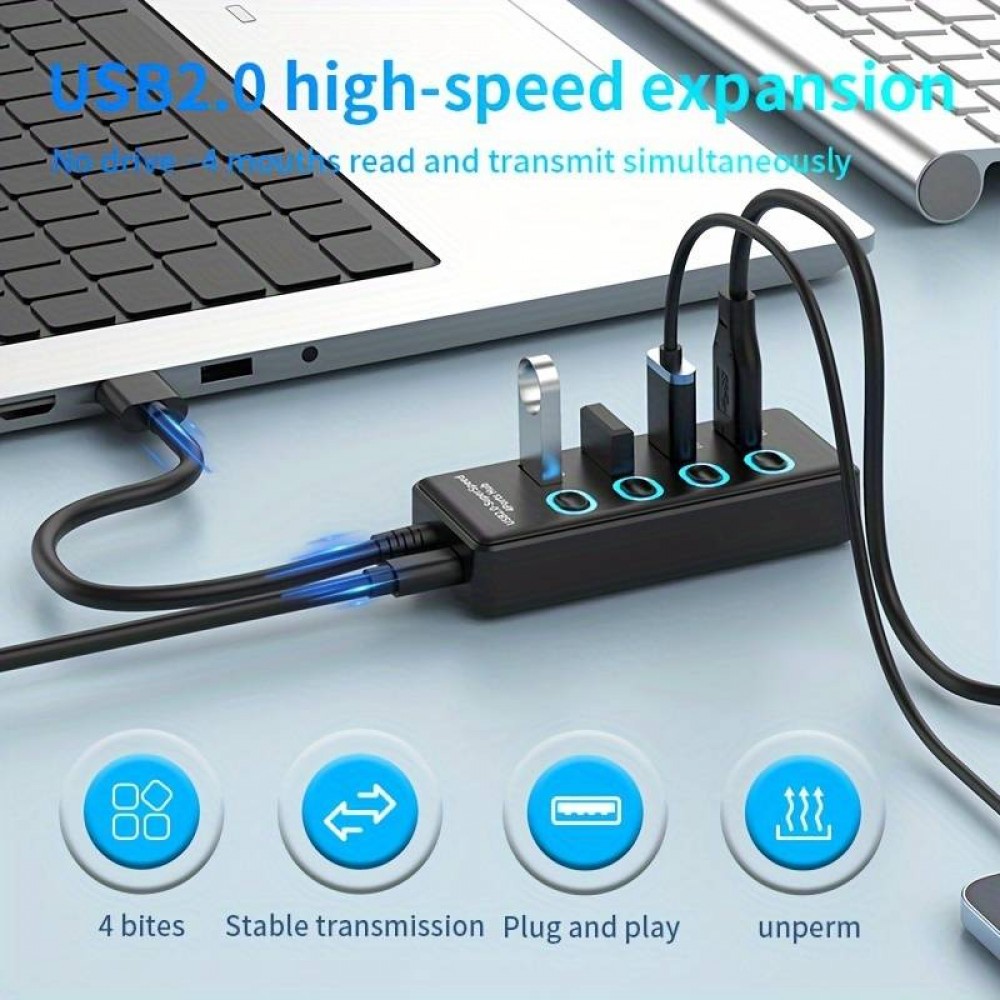 4-in-1 USB 2.0-Hub-Multiport-Station mit individuellem Ein- und Ausschalter und USB-C-Anschluss - Schwarz