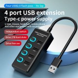 4-in-1 USB 2.0-Hub-Multiport-Station mit individuellem Ein- und Ausschalter und USB-C-Anschluss - Schwarz