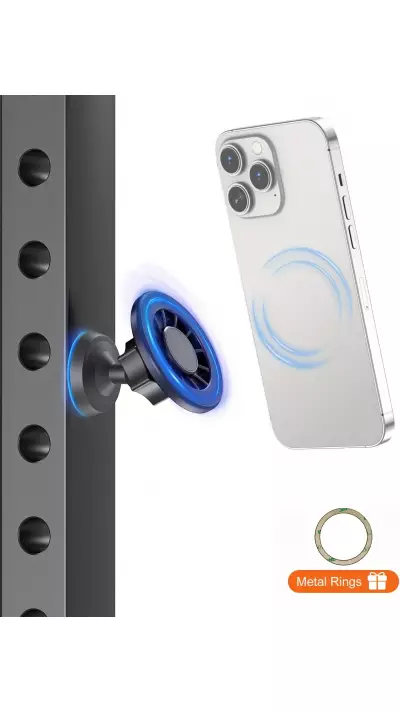 Support téléphone 360° MagSafe magnétique avec aimant réglable pour salle de sport ou support métallique - Noir