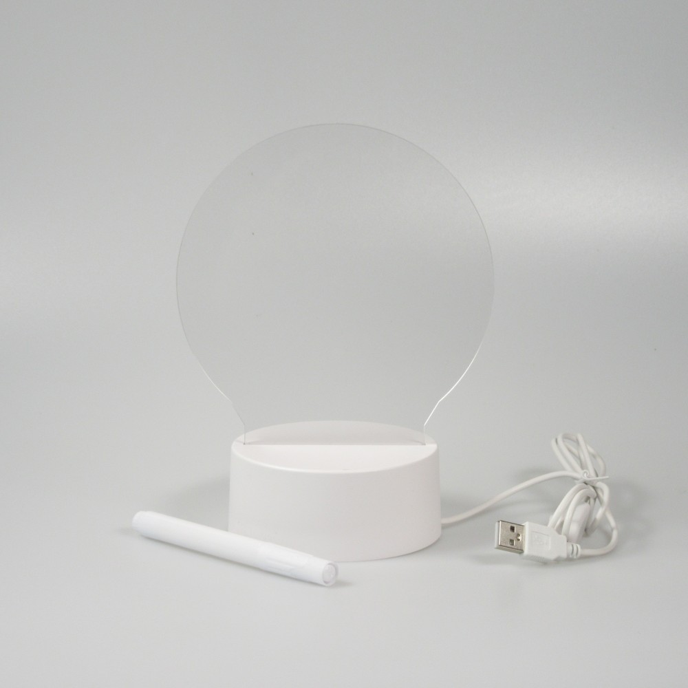 Tableau de messages lumière LED transparent avec verre rond et socle blanc